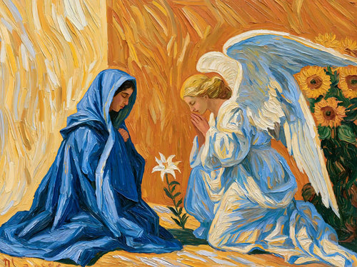Virgin Mary seated opposite Gabriel with a white lily and sunflowers in a Van Gogh-inspired Annunciation landscape