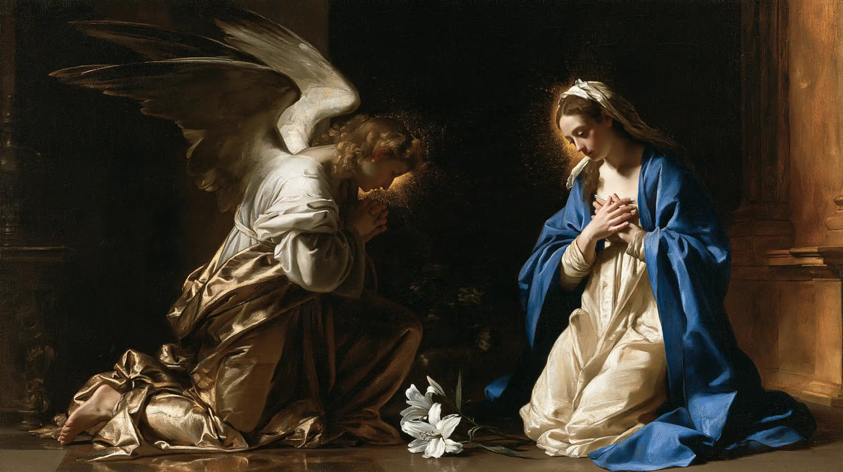 the Annunciation in black and gold in Black and Gold style, landscape Christian artwork no. 7