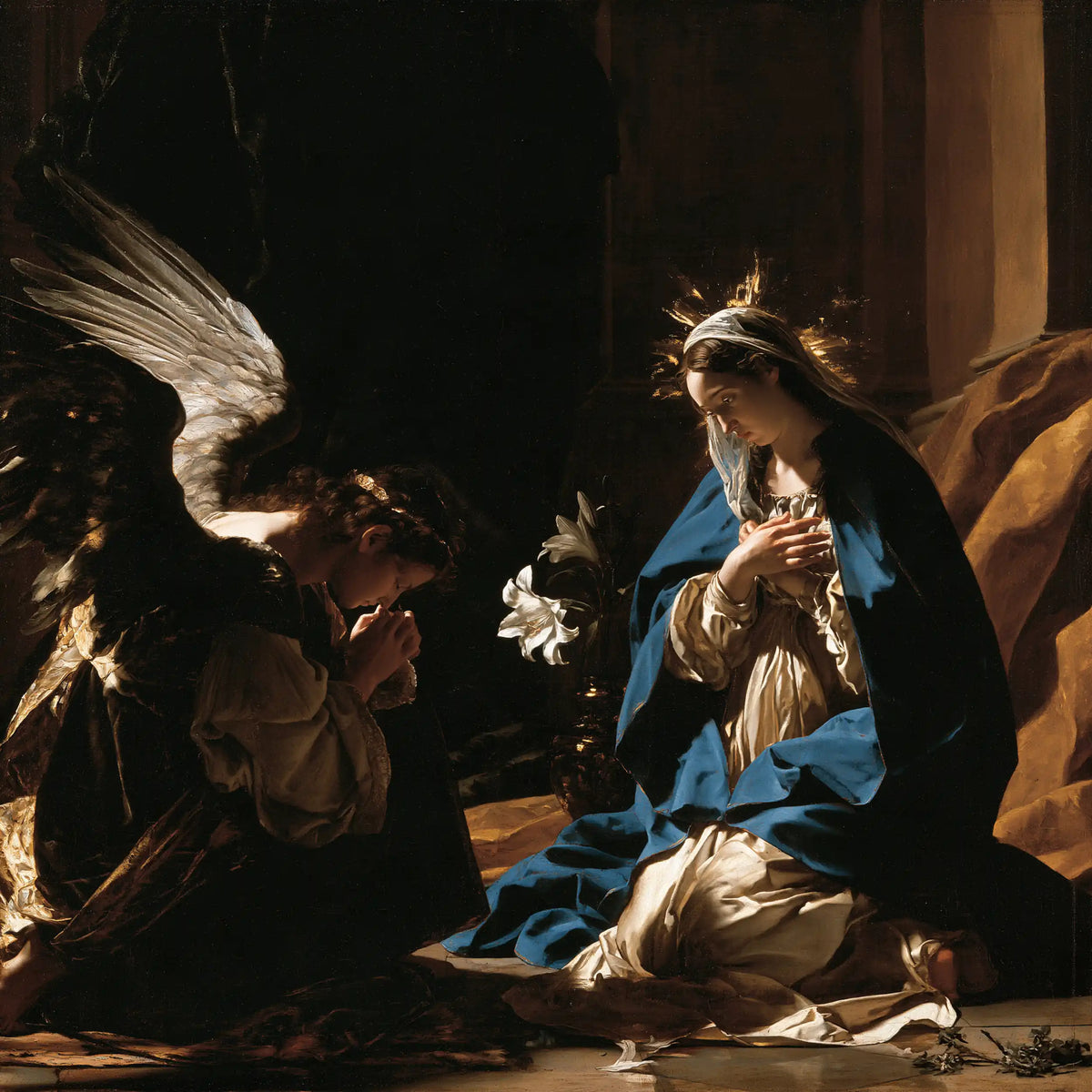 the Annunciation in black and gold in Black and Gold style, square Christian artwork no. 9