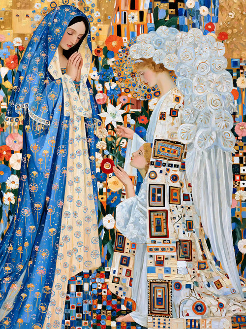 Gabriel kneeling with lilies before Mary beside a blue flower wall in a golden Vienna Secession Annunciation portrait
