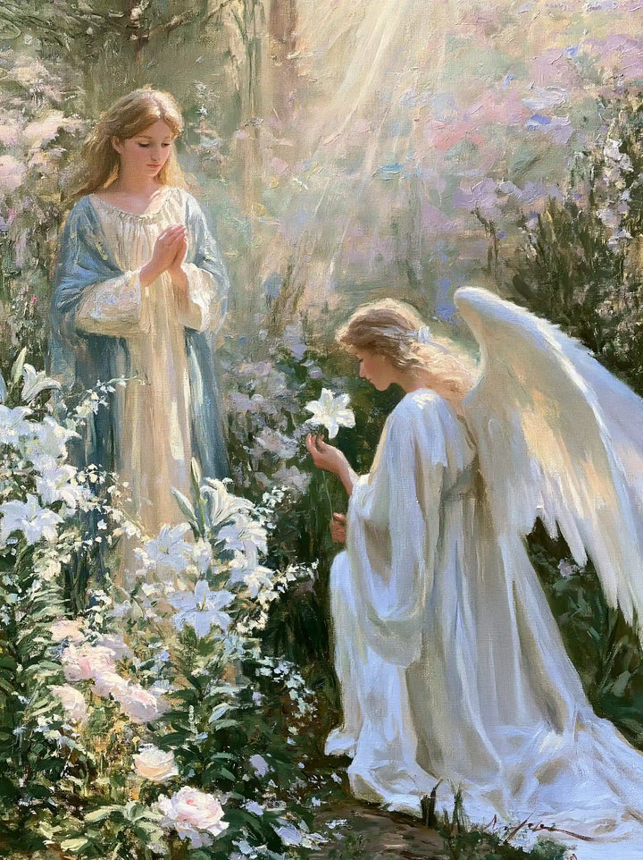 Annunciation beneath Cascading Blossom – Impressionist Art · Portrait