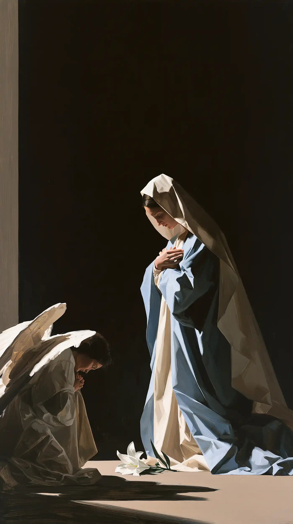 the Annunciation in a minimalist composition in Contemporary Minimalism style, portrait Christian artwork no. 1