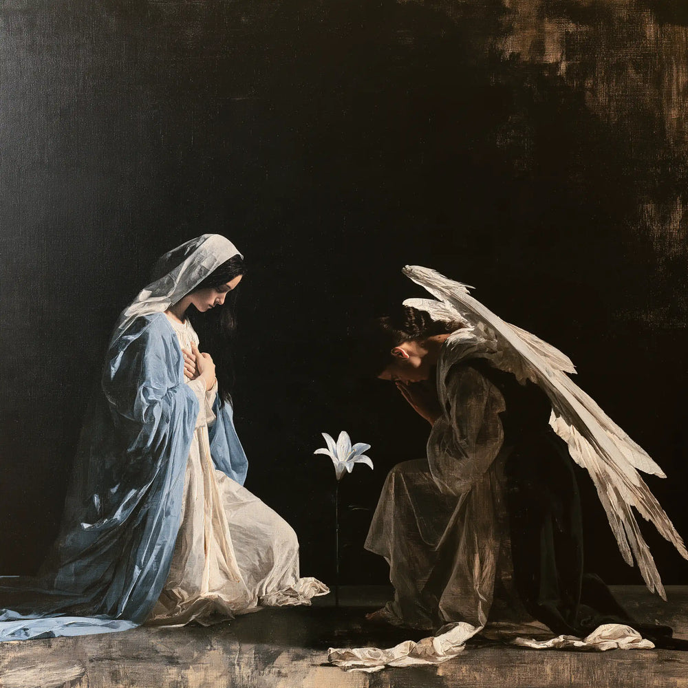 the Annunciation in a minimalist composition in Contemporary Minimalism style, square Christian artwork no. 3