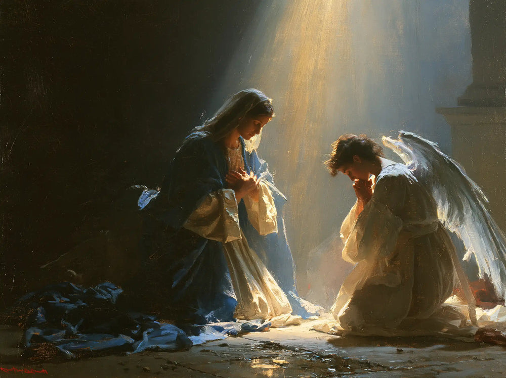 divine light descending upon Mary at the Annunciation in Divine Light Descending upon Mary style, landscape Christian artwork no. 9