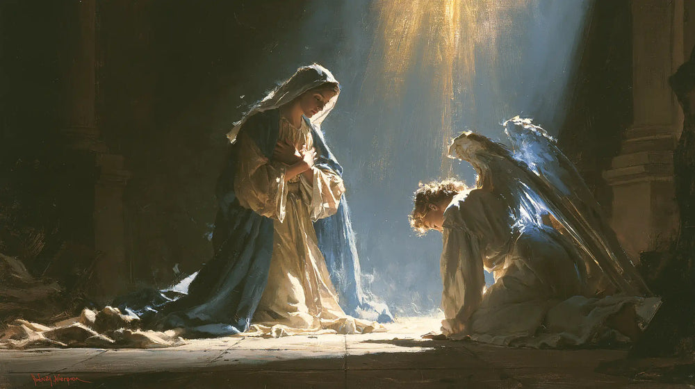 divine light descending upon Mary at the Annunciation in Divine Light Descending upon Mary style, landscape Christian artwork no. 14