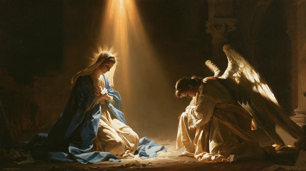 divine light descending upon Mary at the Annunciation in Divine Light Descending upon Mary style, landscape Christian artwork no. 18