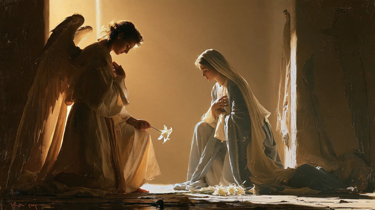 Mary kneeling before Gabriel at the Annunciation in Mary Kneeling before Gabriel style, landscape Christian artwork no. 7