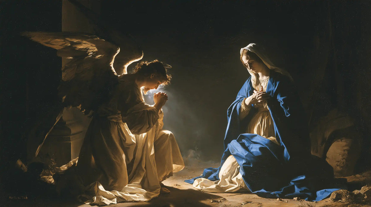the Annunciation in midnight-blue chiaroscuro in Midnight Blue Chiaroscuro style, landscape Christian artwork no. 14