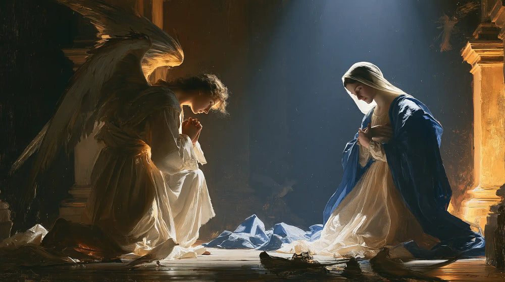 the Annunciation in midnight-blue chiaroscuro in Midnight Blue Chiaroscuro style, landscape Christian artwork no. 21