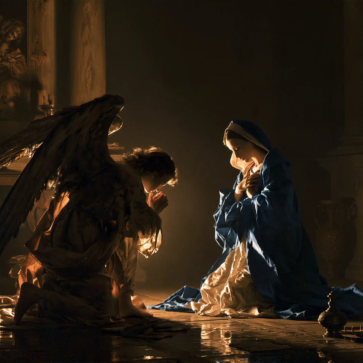 the Annunciation in midnight-blue chiaroscuro in Midnight Blue Chiaroscuro style, square Christian artwork no. 8