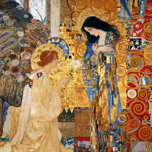 Gabriel with peacock-like wings before Mary beneath gold arches in a Vienna Secession Annunciation square