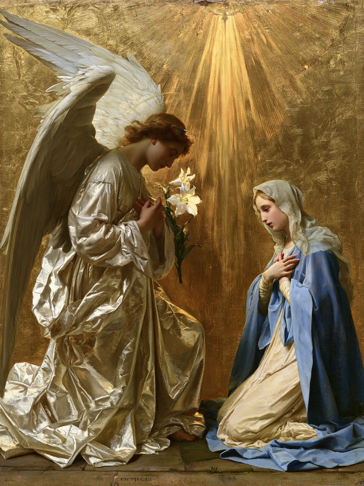 the Annunciation in sacred golden light in Sacred Gold style, portrait Christian artwork no. 8