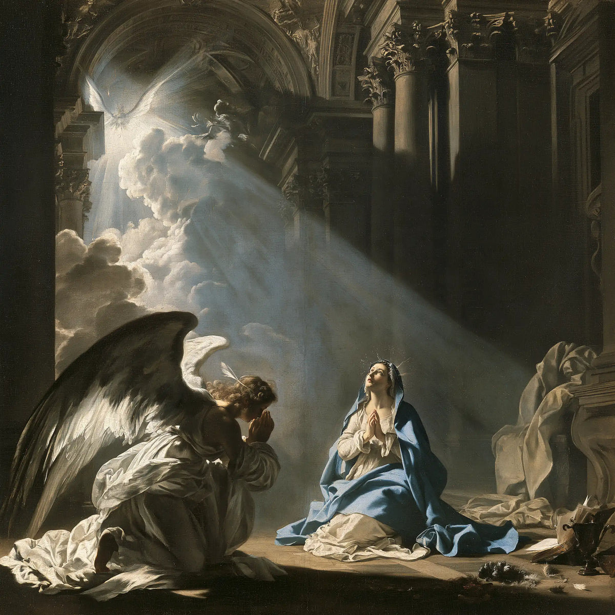 the Annunciation in a monumental sacred view in Sacred Monumental View style, square Christian artwork no. 2
