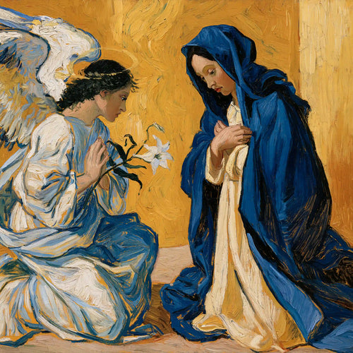 Seated Mary and kneeling Gabriel sharing a sacred silence in a blue and gold Post-Impressionist Annunciation
