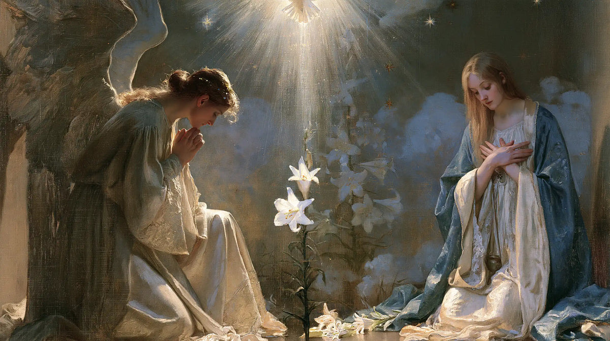 the Annunciation in a symbolist composition in Symbolist style, landscape Christian artwork no. 10