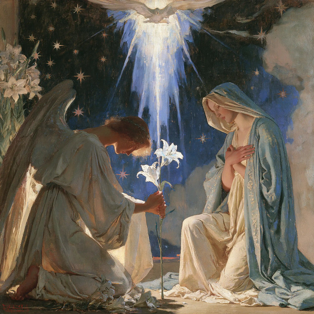 the Annunciation in a symbolist composition in Symbolist style, square Christian artwork no. 6
