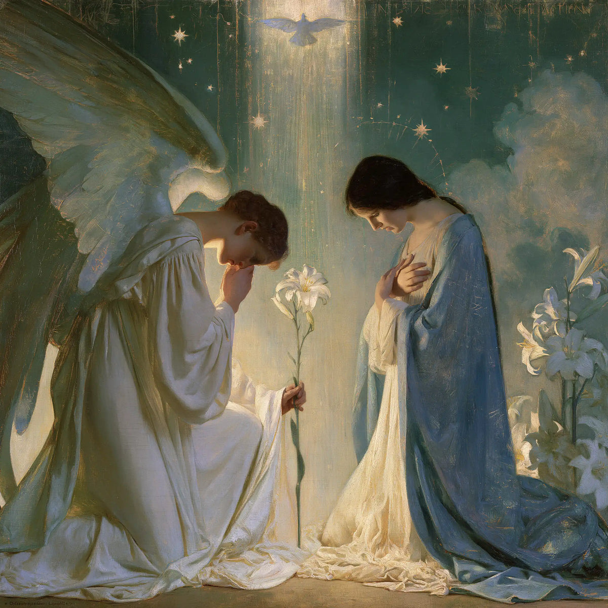 the Annunciation in a symbolist composition in Symbolist style, square Christian artwork no. 10