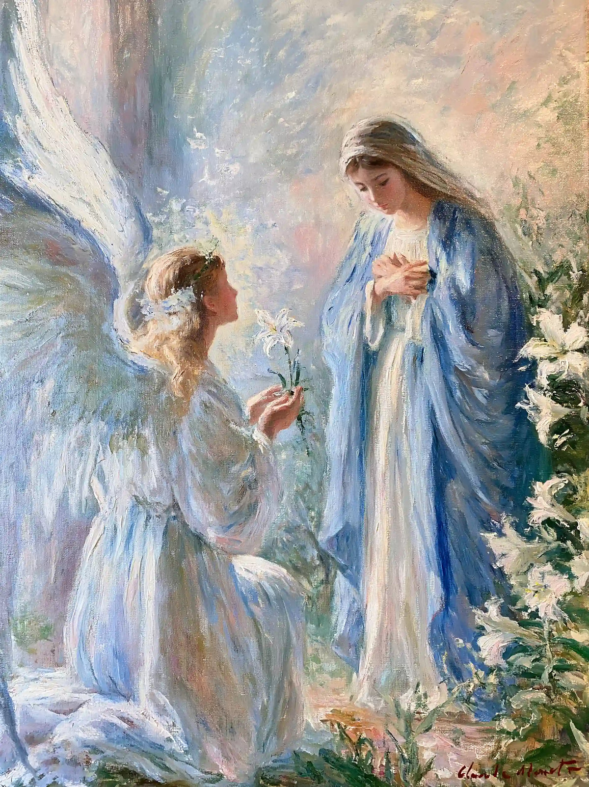 Close Annunciation with the White Lily – Impressionist Art · Portrait