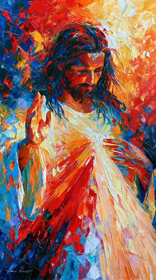 Jesus as Divine Mercy with red and pale rays, expressionist portrait Christian artwork