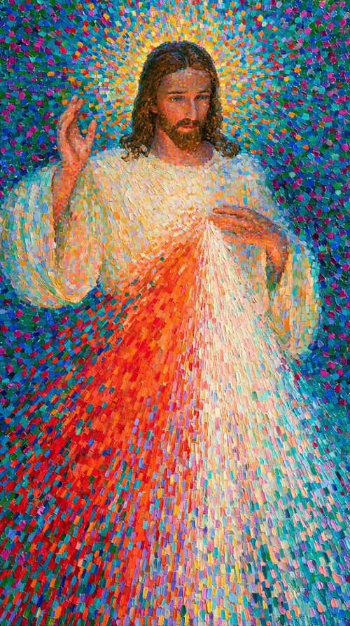 Jesus as Divine Mercy with red and pale rays, pointillist & neo-impressionist portrait Christian artwork