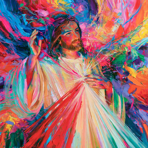 Jesus as Divine Mercy with red and pale rays, ultra-vibrant expressionism square Christian artwork
