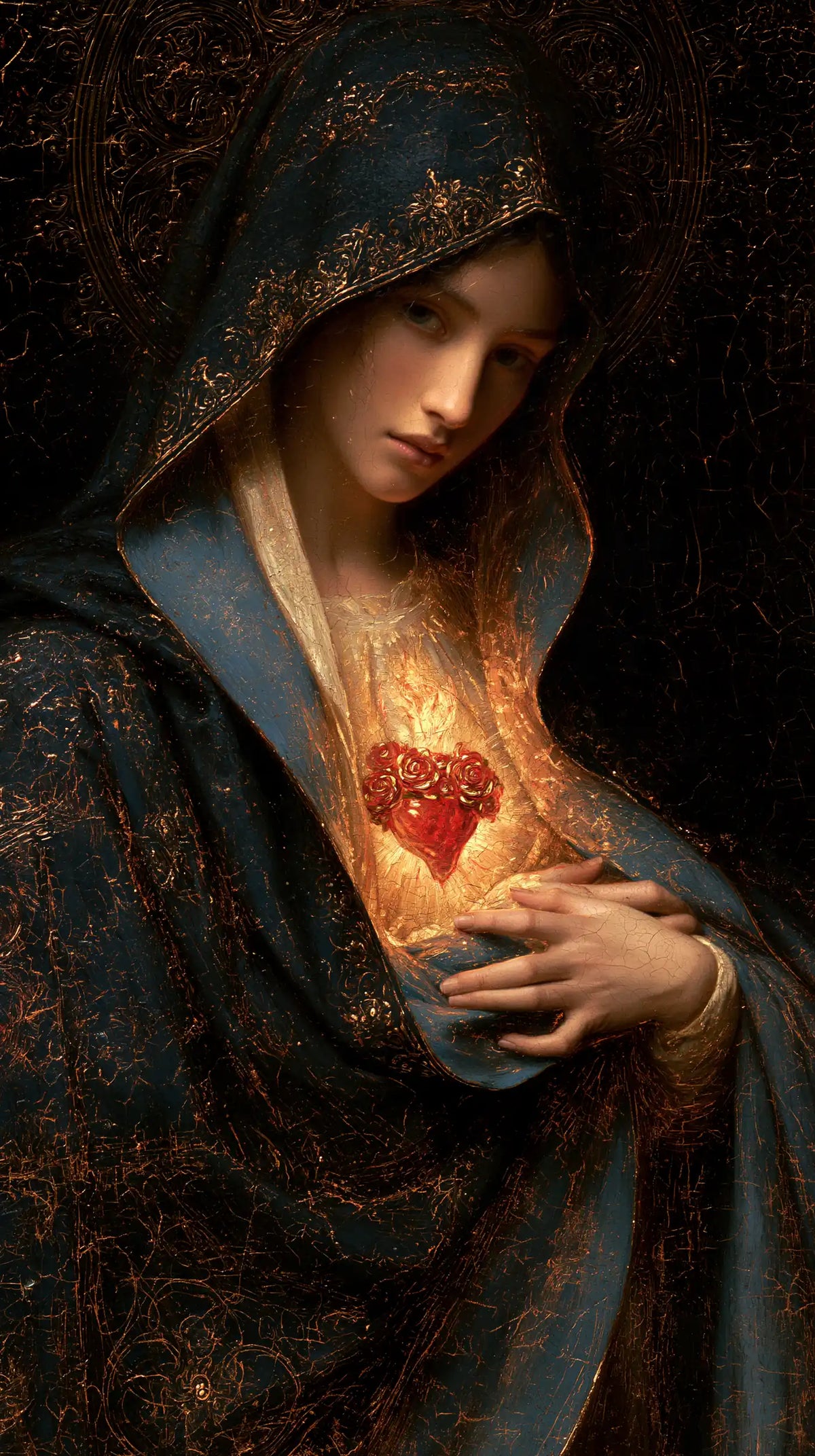 The Immaculate Heart of Mary — The Sideways Gaze in Embroidered Blue