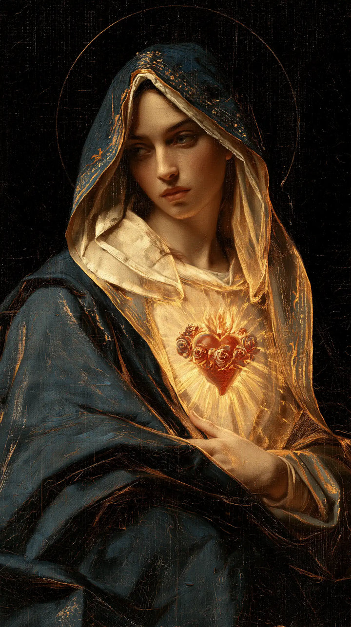 The Immaculate Heart of Mary — The Distant Gaze Above Blue Folds