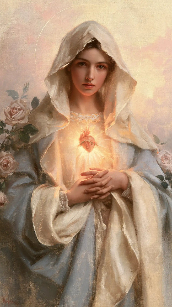 The Immaculate Heart of Mary — Pale Roses Around the Steady Gaze