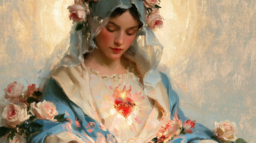 the Immaculate Heart of Mary in an impressionist atmosphere in Impressionist style, landscape Christian artwork no. 16