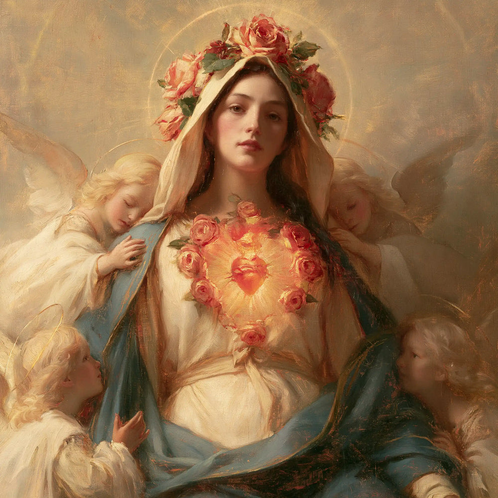 the Immaculate Heart of Mary surrounded by angels in Mary Surrounded by Angels style, square Christian artwork no. 1