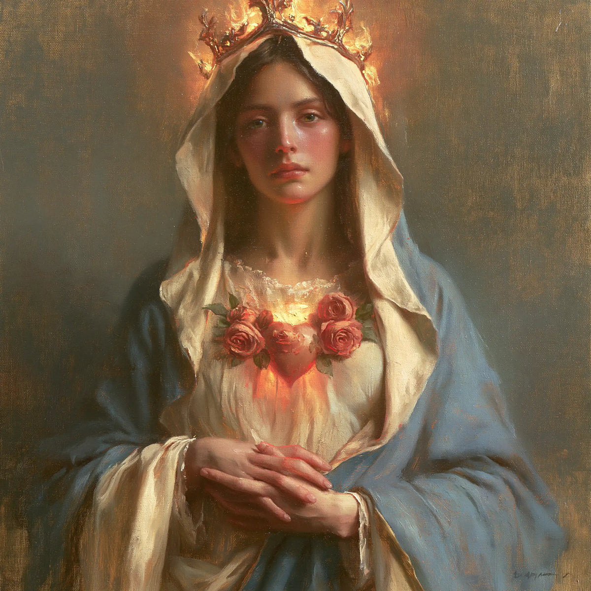 the peace and purity of the Immaculate Heart of Mary in Peace and Purity of Mary's Heart style, square Christian artwork no. 3