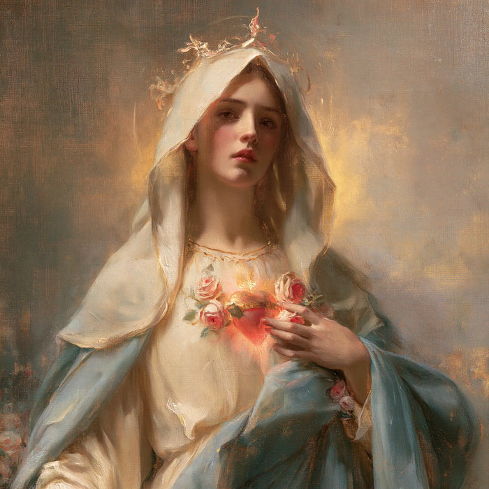 The Immaculate Heart of Mary — The Royal Gaze Beside Pale Roses