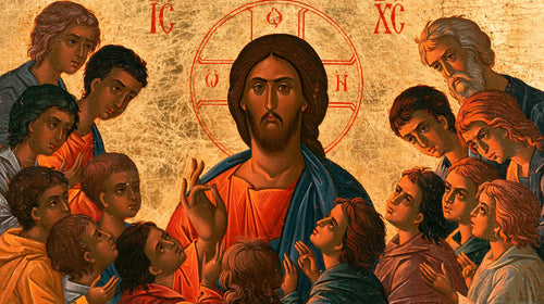 Jesus and the children in a contemporary Byzantine icon in Contemporary Byzantine style, landscape Christian artwork no. 14