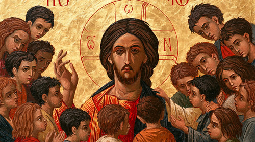 Jesus and the children in a contemporary Byzantine icon in Contemporary Byzantine style, landscape Christian artwork no. 15