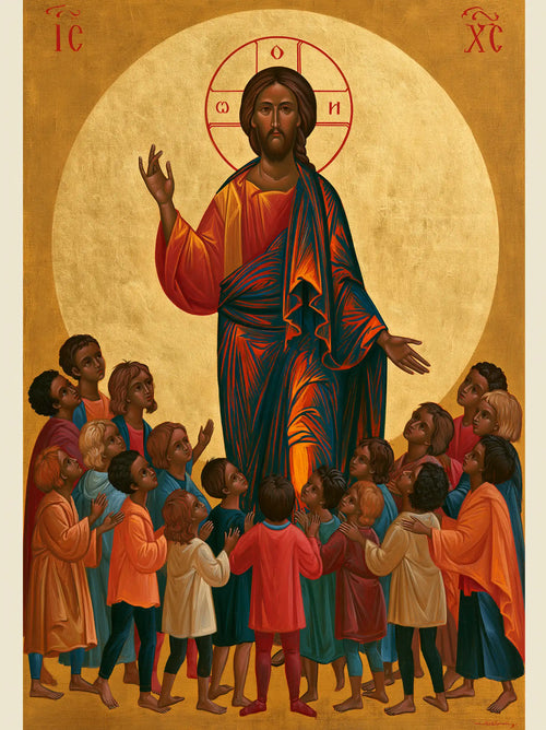 Jesus and the children in a contemporary Byzantine icon in Contemporary Byzantine style, portrait Christian artwork no. 16