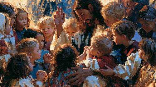 Jesus surrounded by children in an expressionist composition in Expressionist style, landscape Christian artwork no. 12