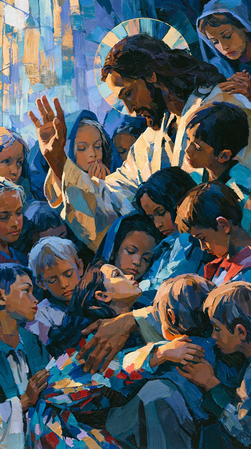 Jesus surrounded by children in an expressionist composition in Expressionist style, portrait Christian artwork no. 7