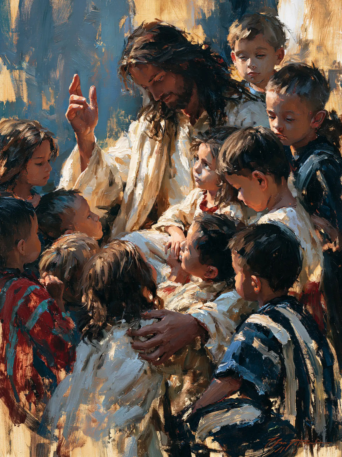 Jesus and the Children — Refuge beneath the Striped Sleeve