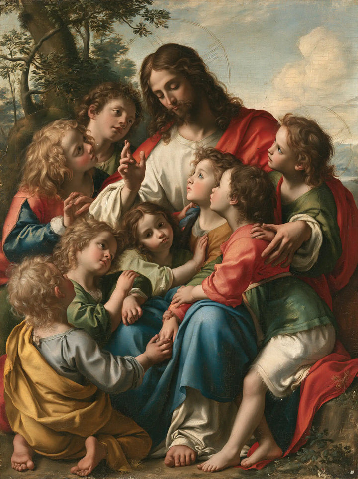 Jesus and the Children — Little Faces in the Red Embrace