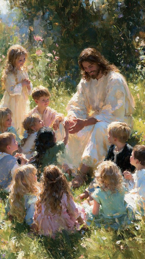 Jesus with children in an impressionist atmosphere in Impressionist style, portrait Christian artwork no. 6