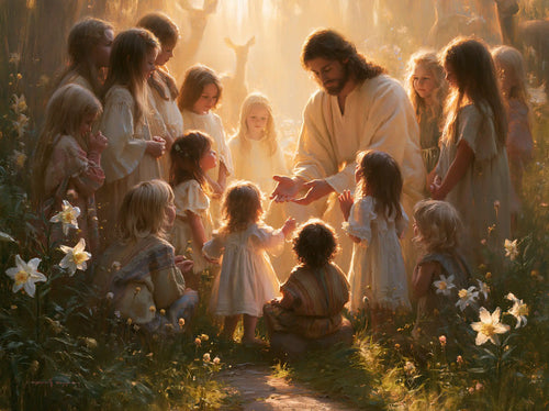 Jesus and the children in a symbolist composition in Symbolist style, landscape Christian artwork no. 10