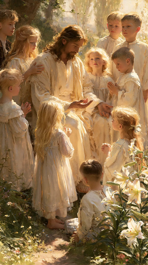 Jesus and the children in a symbolist composition in Symbolist style, portrait Christian artwork no. 7