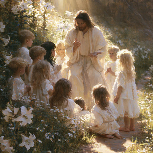 Jesus and the children in a symbolist composition in Symbolist style, square Christian artwork no. 1