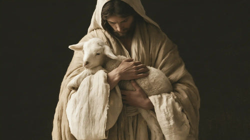 Jesus and the lamb in a minimalist composition in Contemporary Minimalism style, landscape Christian artwork no. 13