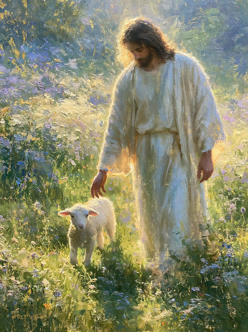 Jesus with a lamb in an impressionist pastoral scene in Impressionist style, portrait Christian artwork no. 13
