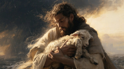 Jesus protecting a lamb in Jesus Protecting the Lamb style, landscape Christian artwork no. 15