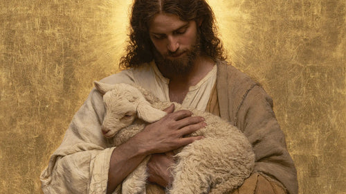 Jesus with a lamb in sacred golden light in Sacred Gold style, landscape Christian artwork no. 10