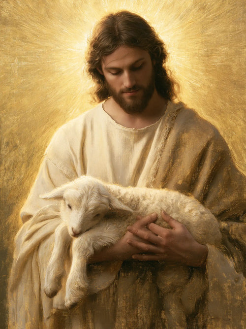 Jesus with a lamb in sacred golden light in Sacred Gold style, portrait Christian artwork no. 10