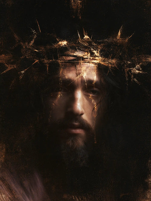 Jesus crowned with thorns in black and gold in Black and Gold style, portrait Christian artwork no. 11