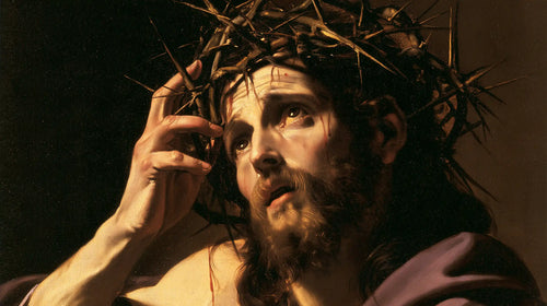 Jesus crowned with thorns in dramatic chiaroscuro in Caravaggio Tenebrism style, landscape Christian artwork no. 11